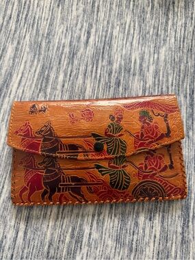 Hand-Painted Tan Genuine Leather Women's Clutch Wallet